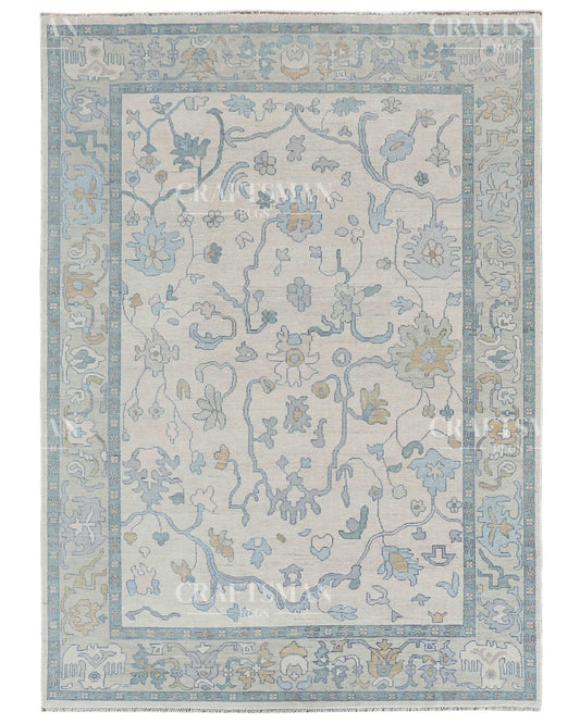 Serena Oushak Hand-Knotted Wool Rug – Vintage Ivory & Powder Blue Floral Garden Design | Handmade Luxury Area Rug | Custom Size
