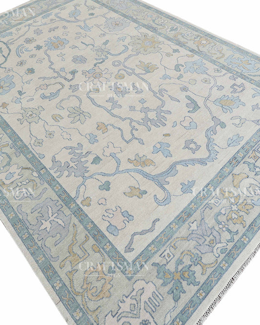 Serena Oushak Hand-Knotted Wool Rug – Vintage Ivory & Powder Blue Floral Garden Design | Handmade Luxury Area Rug | Custom Size