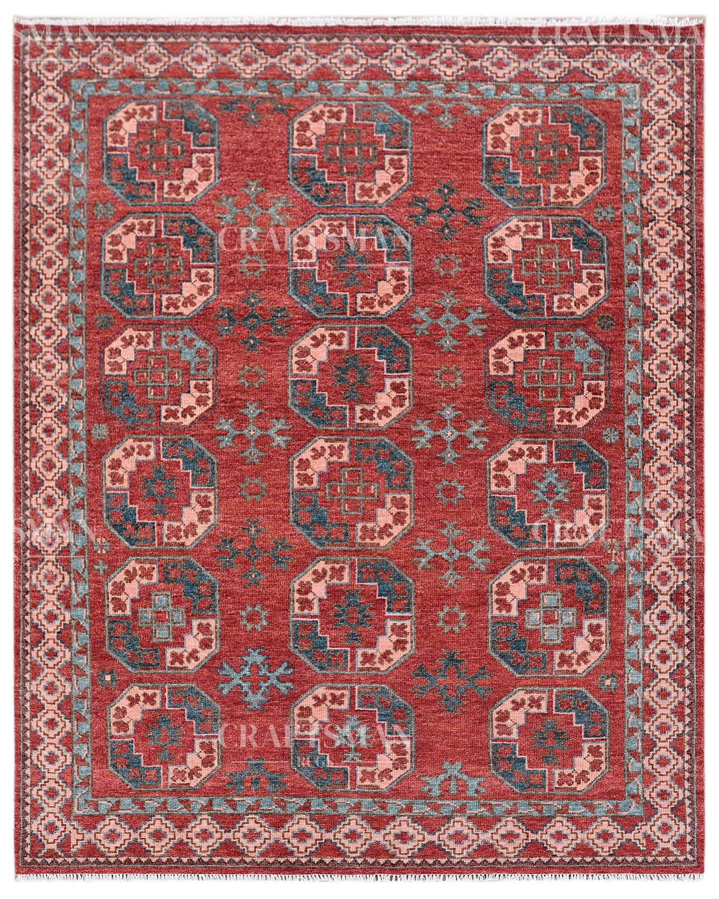Nomad Bokhara Hand-Knotted Wool Rug – Vintage Rust Red & Teal Geometric Gul Design | Handmade Luxury Area Rug | Custom Size