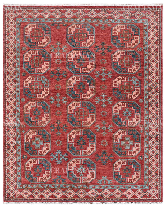 Nomad Bokhara Hand-Knotted Wool Rug – Vintage Rust Red & Teal Geometric Gul Design | Handmade Luxury Area Rug | Custom Size