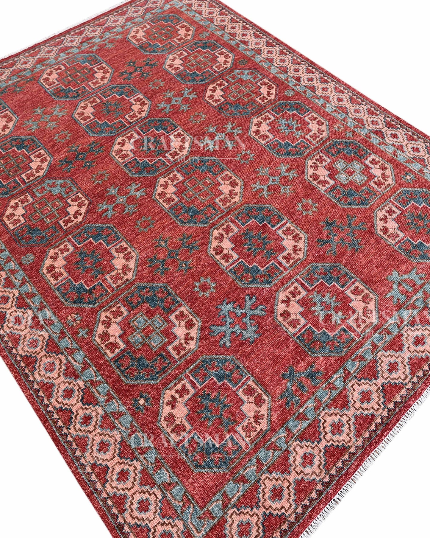 Nomad Bokhara Hand-Knotted Wool Rug – Vintage Rust Red & Teal Geometric Gul Design | Handmade Luxury Area Rug | Custom Size