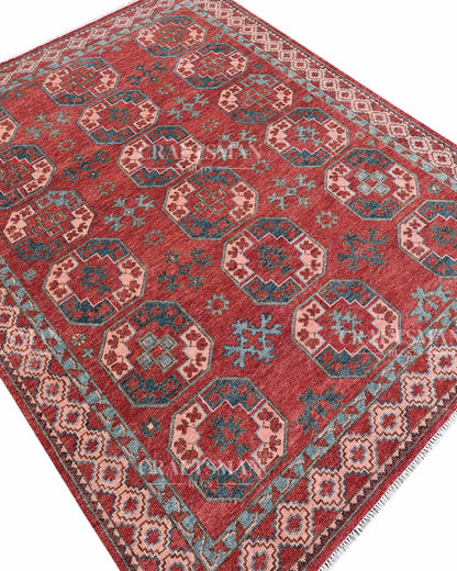 Nomad Bokhara Hand-Knotted Wool Rug – Vintage Rust Red & Teal Geometric Gul Design | Handmade Luxury Area Rug | Custom Size