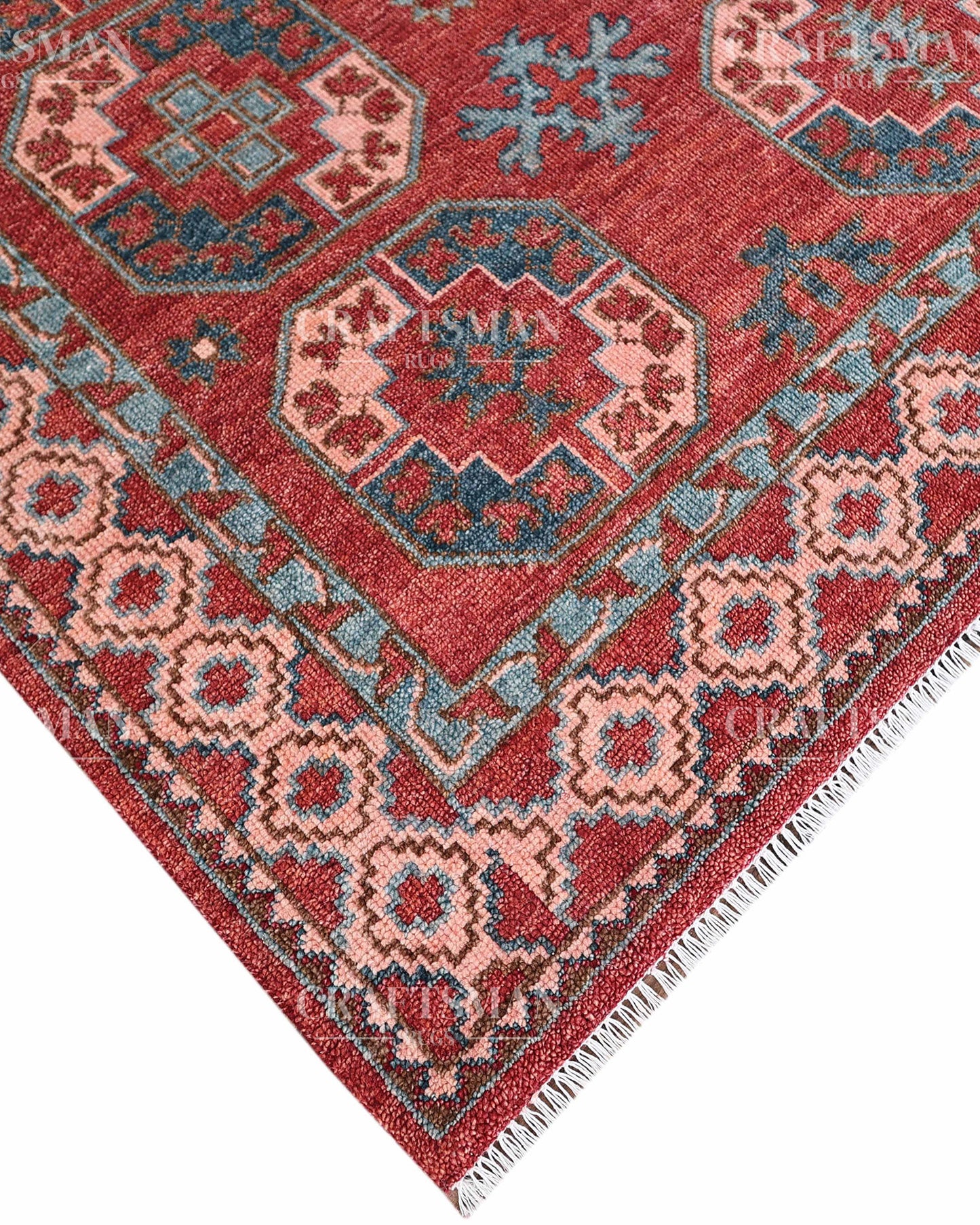 Nomad Bokhara Hand-Knotted Wool Rug – Vintage Rust Red & Teal Geometric Gul Design | Handmade Luxury Area Rug | Custom Size