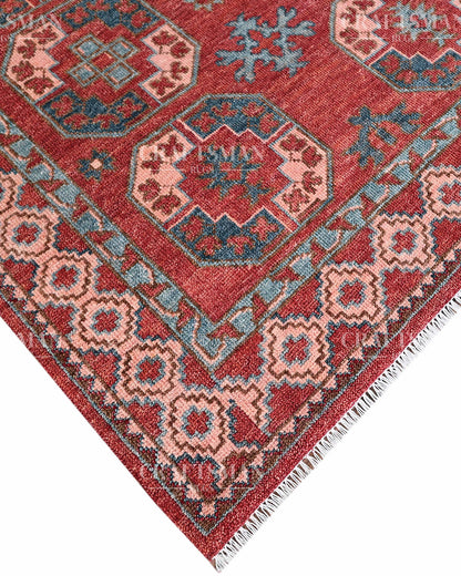 Nomad Bokhara Hand-Knotted Wool Rug – Vintage Rust Red & Teal Geometric Gul Design | Handmade Luxury Area Rug | Custom Size