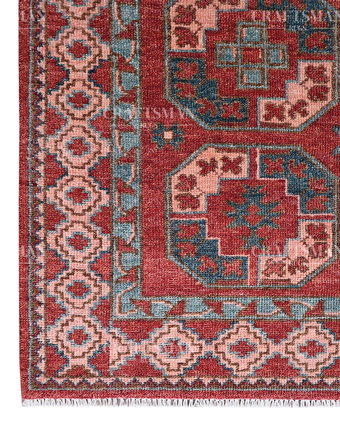 Nomad Bokhara Hand-Knotted Wool Rug – Vintage Rust Red & Teal Geometric Gul Design | Handmade Luxury Area Rug | Custom Size