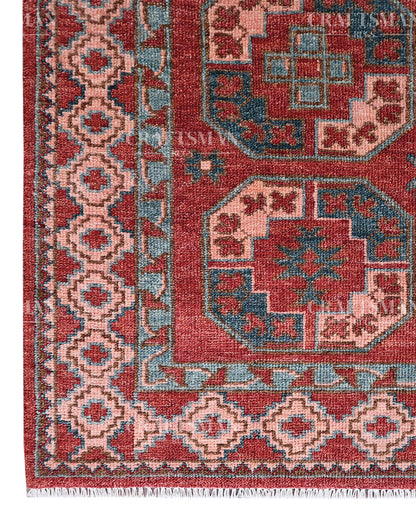 Nomad Bokhara Hand-Knotted Wool Rug – Vintage Rust Red & Teal Geometric Gul Design | Handmade Luxury Area Rug | Custom Size