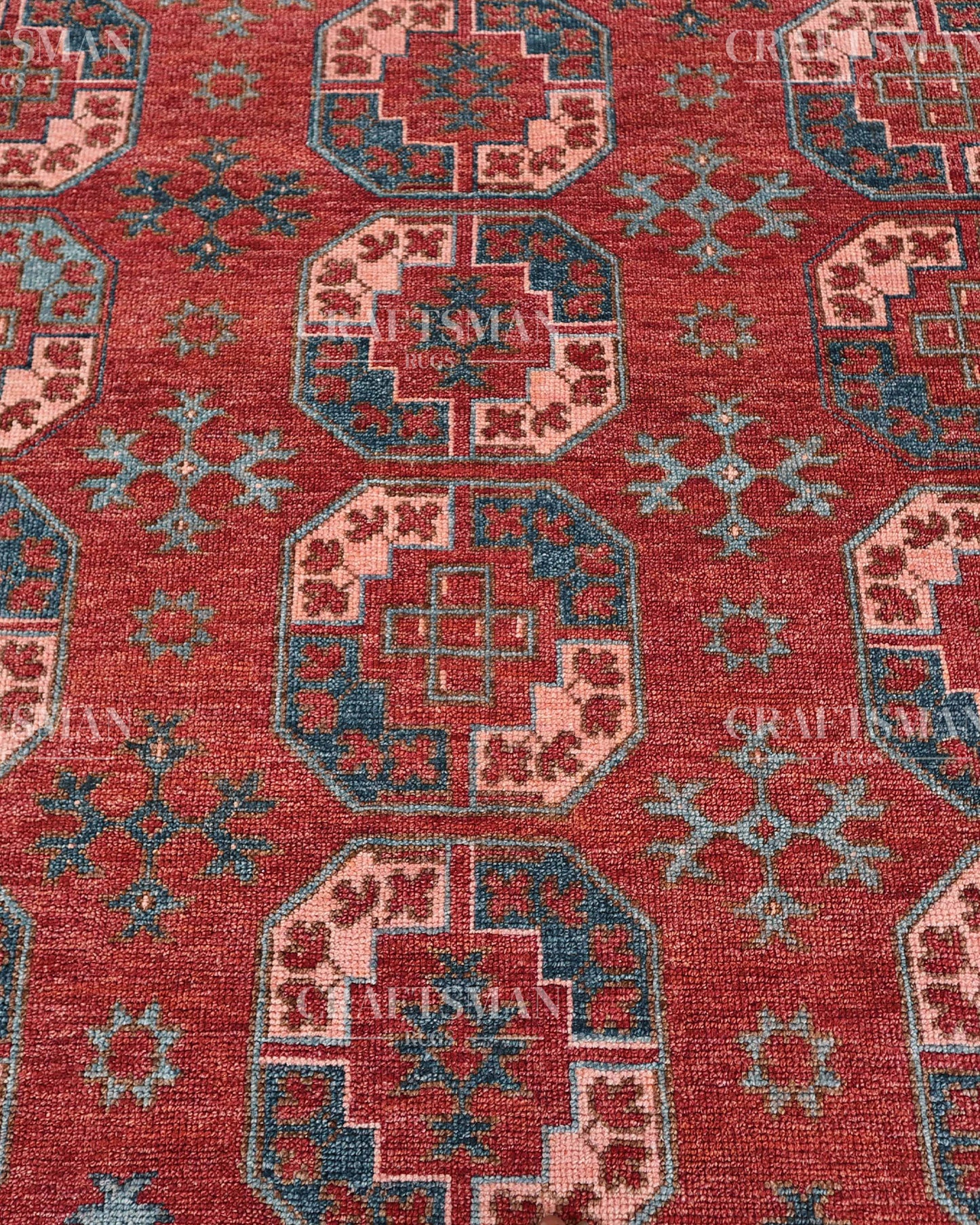 Nomad Bokhara Hand-Knotted Wool Rug – Vintage Rust Red & Teal Geometric Gul Design | Handmade Luxury Area Rug | Custom Size