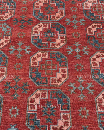 Nomad Bokhara Hand-Knotted Wool Rug – Vintage Rust Red & Teal Geometric Gul Design | Handmade Luxury Area Rug | Custom Size