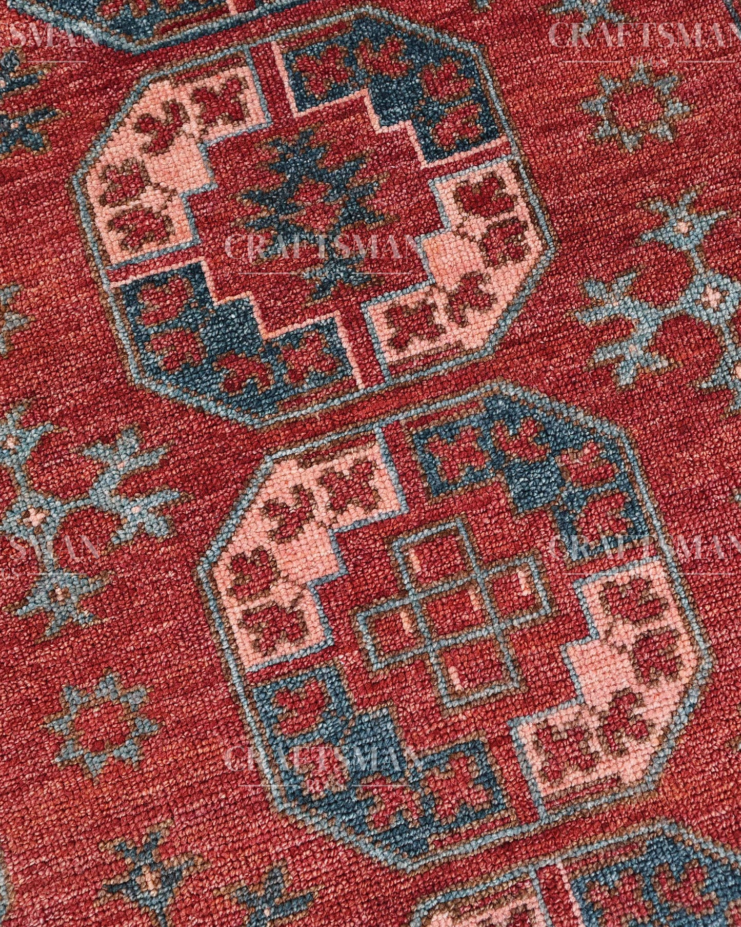 Nomad Bokhara Hand-Knotted Wool Rug – Vintage Rust Red & Teal Geometric Gul Design | Handmade Luxury Area Rug | Custom Size