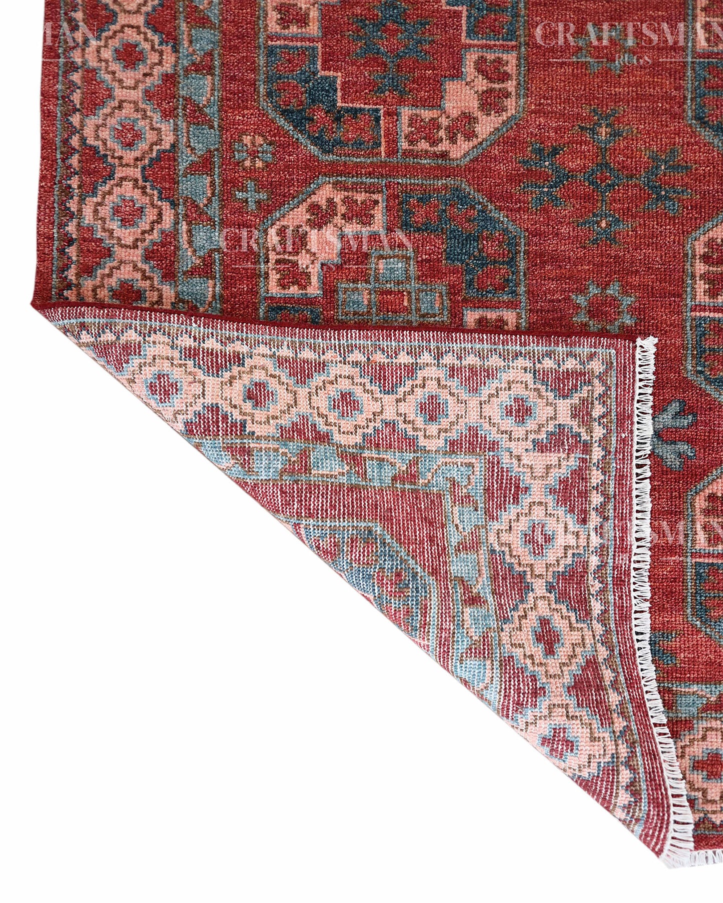 Nomad Bokhara Hand-Knotted Wool Rug – Vintage Rust Red & Teal Geometric Gul Design | Handmade Luxury Area Rug | Custom Size