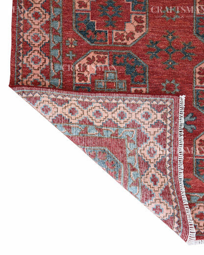 Nomad Bokhara Hand-Knotted Wool Rug – Vintage Rust Red & Teal Geometric Gul Design | Handmade Luxury Area Rug | Custom Size