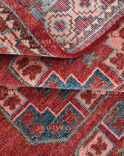 Nomad Bokhara Hand-Knotted Wool Rug – Vintage Rust Red & Teal Geometric Gul Design | Handmade Luxury Area Rug | Custom Size