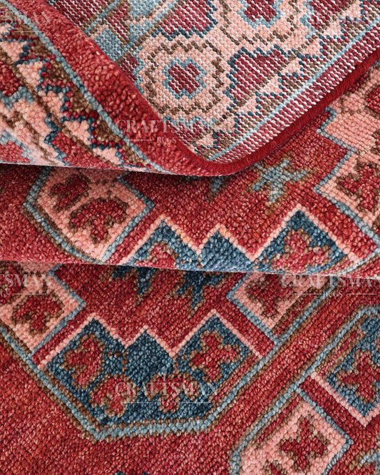 Nomad Bokhara Hand-Knotted Wool Rug – Vintage Rust Red & Teal Geometric Gul Design | Handmade Luxury Area Rug | Custom Size