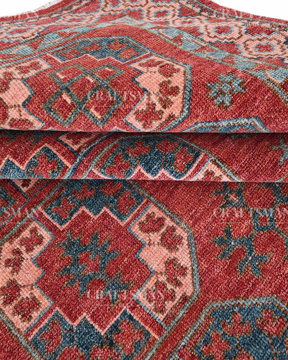 Nomad Bokhara Hand-Knotted Wool Rug – Vintage Rust Red & Teal Geometric Gul Design | Handmade Luxury Area Rug | Custom Size