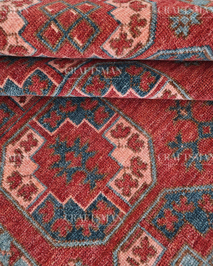 Nomad Bokhara Hand-Knotted Wool Rug – Vintage Rust Red & Teal Geometric Gul Design | Handmade Luxury Area Rug | Custom Size