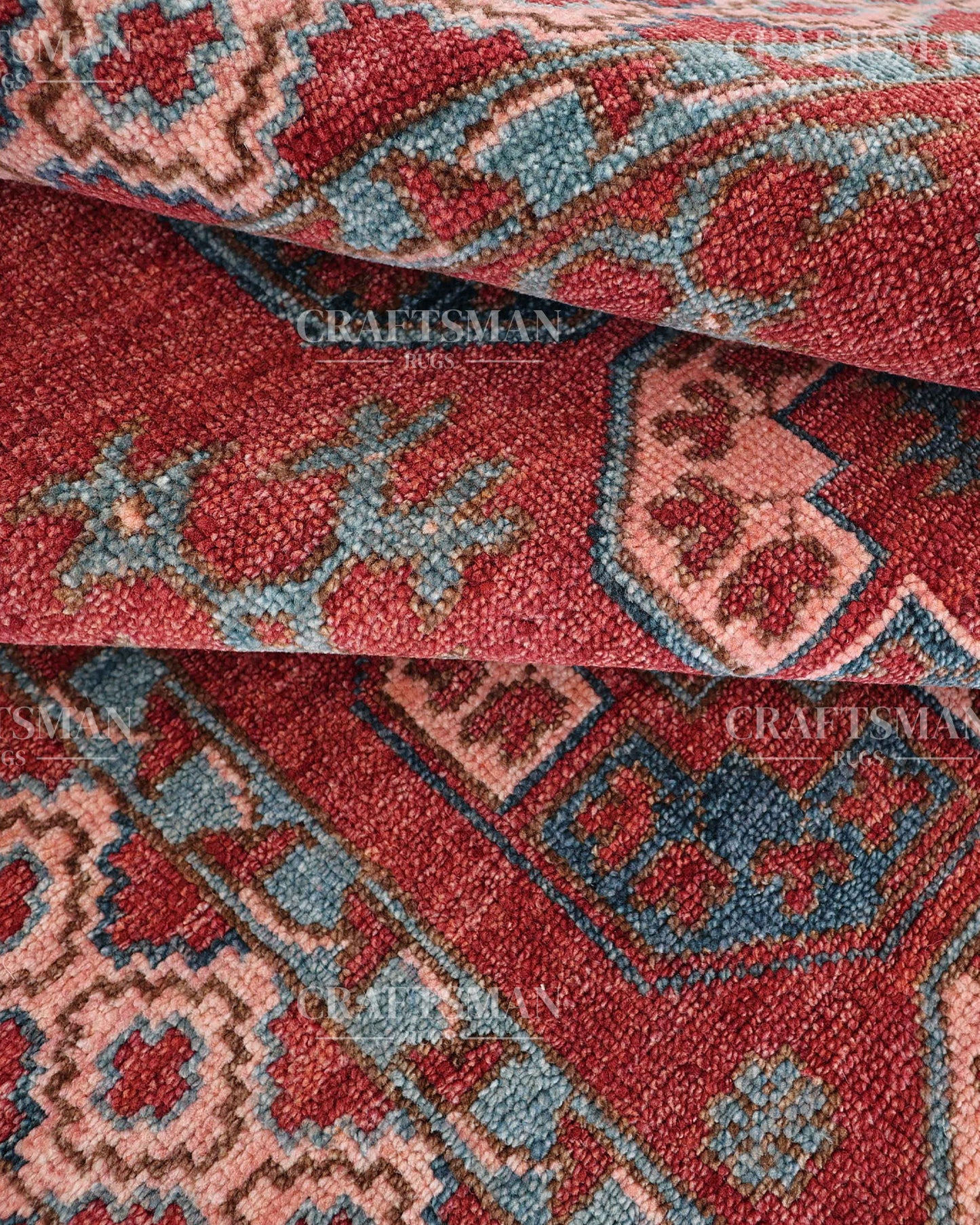 Nomad Bokhara Hand-Knotted Wool Rug – Vintage Rust Red & Teal Geometric Gul Design | Handmade Luxury Area Rug | Custom Size