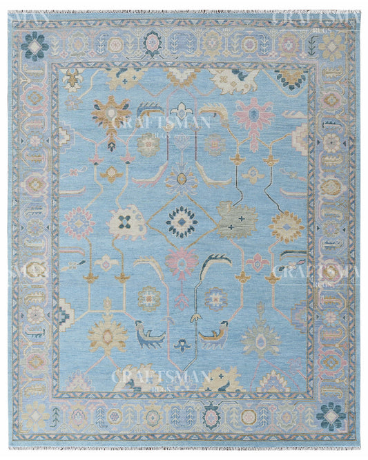 Azure Oushak Hand-Knotted Wool Rug – Vintage Sky Blue & Blush Floral Tribal Design | Handmade Luxury Area Rug | Custom Size