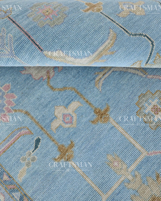 Azure Oushak Hand-Knotted Wool Rug – Vintage Sky Blue & Blush Floral Tribal Design | Handmade Luxury Area Rug | Custom Size