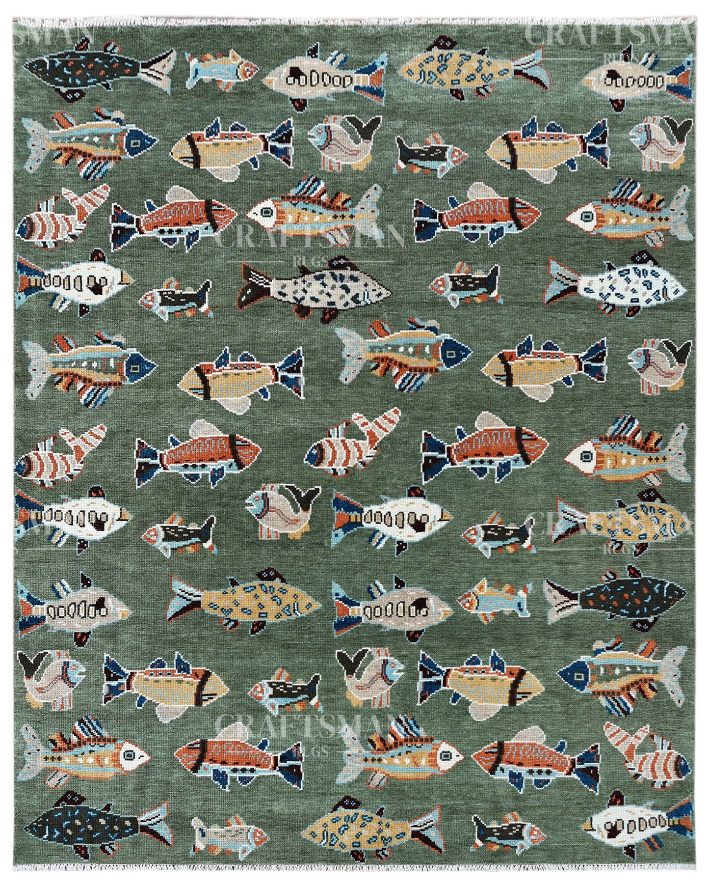 Marina Hand-Knotted Wool Rug – Sage Green Multicolor Fish Pattern Design | Handmade Luxury Kids & Coastal Area Rug | Custom Size