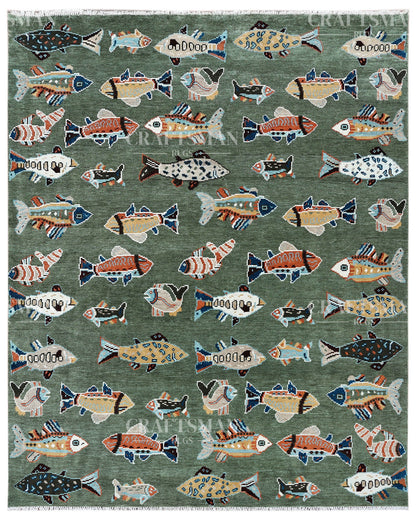 Marina Hand-Knotted Wool Rug – Sage Green Multicolor Fish Pattern Design | Handmade Luxury Kids & Coastal Area Rug | Custom Size