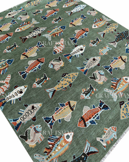 Marina Hand-Knotted Wool Rug – Sage Green Multicolor Fish Pattern Design | Handmade Luxury Kids & Coastal Area Rug | Custom Size