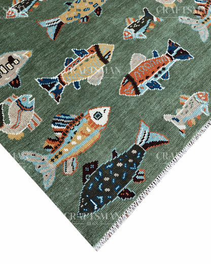 Marina Hand-Knotted Wool Rug – Sage Green Multicolor Fish Pattern Design | Handmade Luxury Kids & Coastal Area Rug | Custom Size