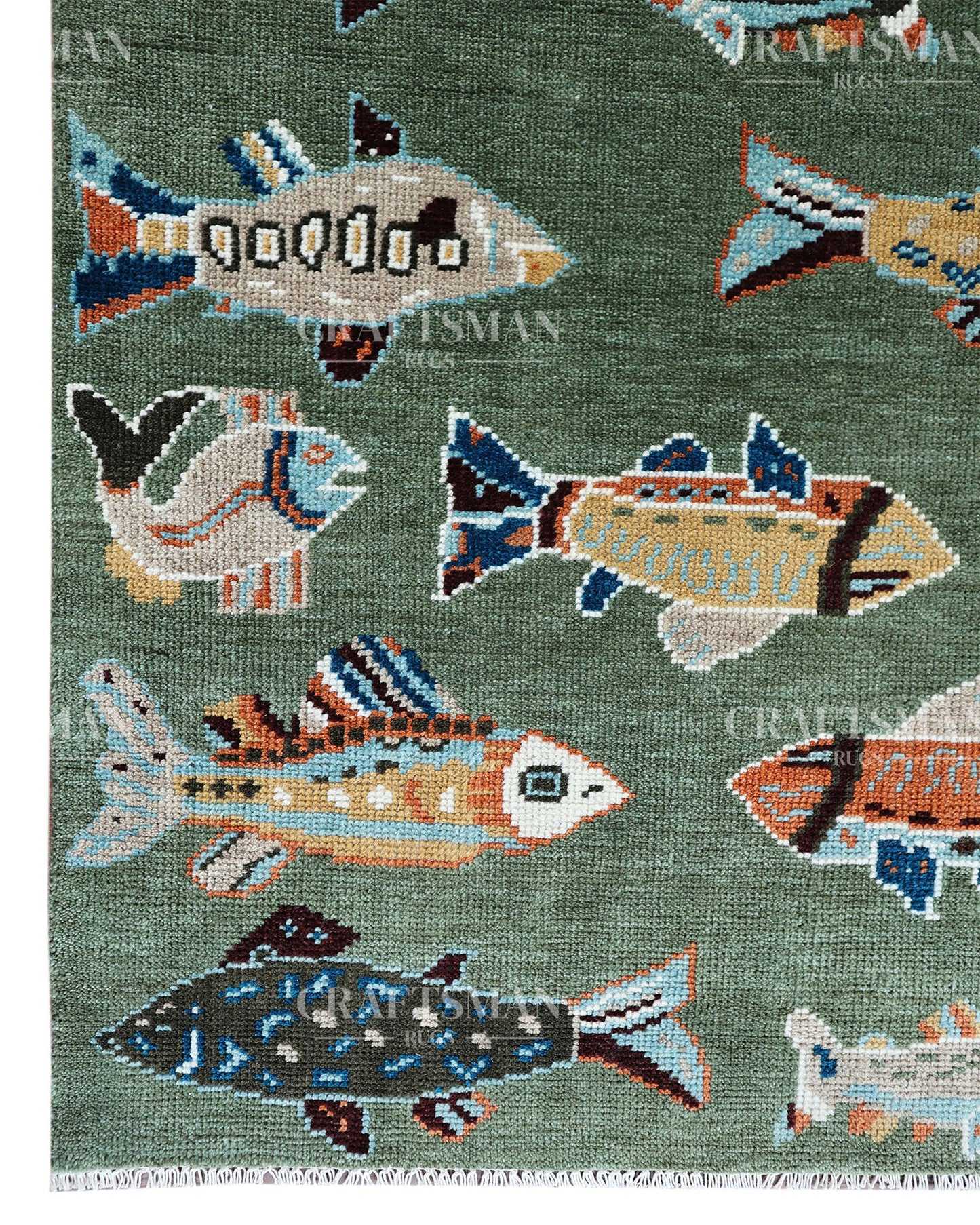 Marina Hand-Knotted Wool Rug – Sage Green Multicolor Fish Pattern Design | Handmade Luxury Kids & Coastal Area Rug | Custom Size