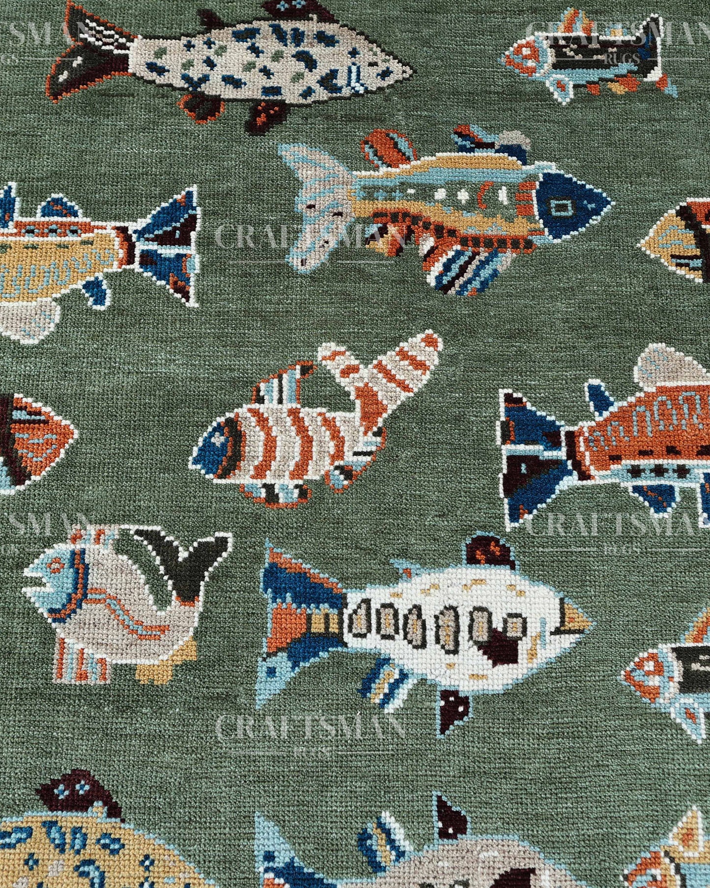 Marina Hand-Knotted Wool Rug – Sage Green Multicolor Fish Pattern Design | Handmade Luxury Kids & Coastal Area Rug | Custom Size