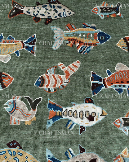 Marina Hand-Knotted Wool Rug – Sage Green Multicolor Fish Pattern Design | Handmade Luxury Kids & Coastal Area Rug | Custom Size