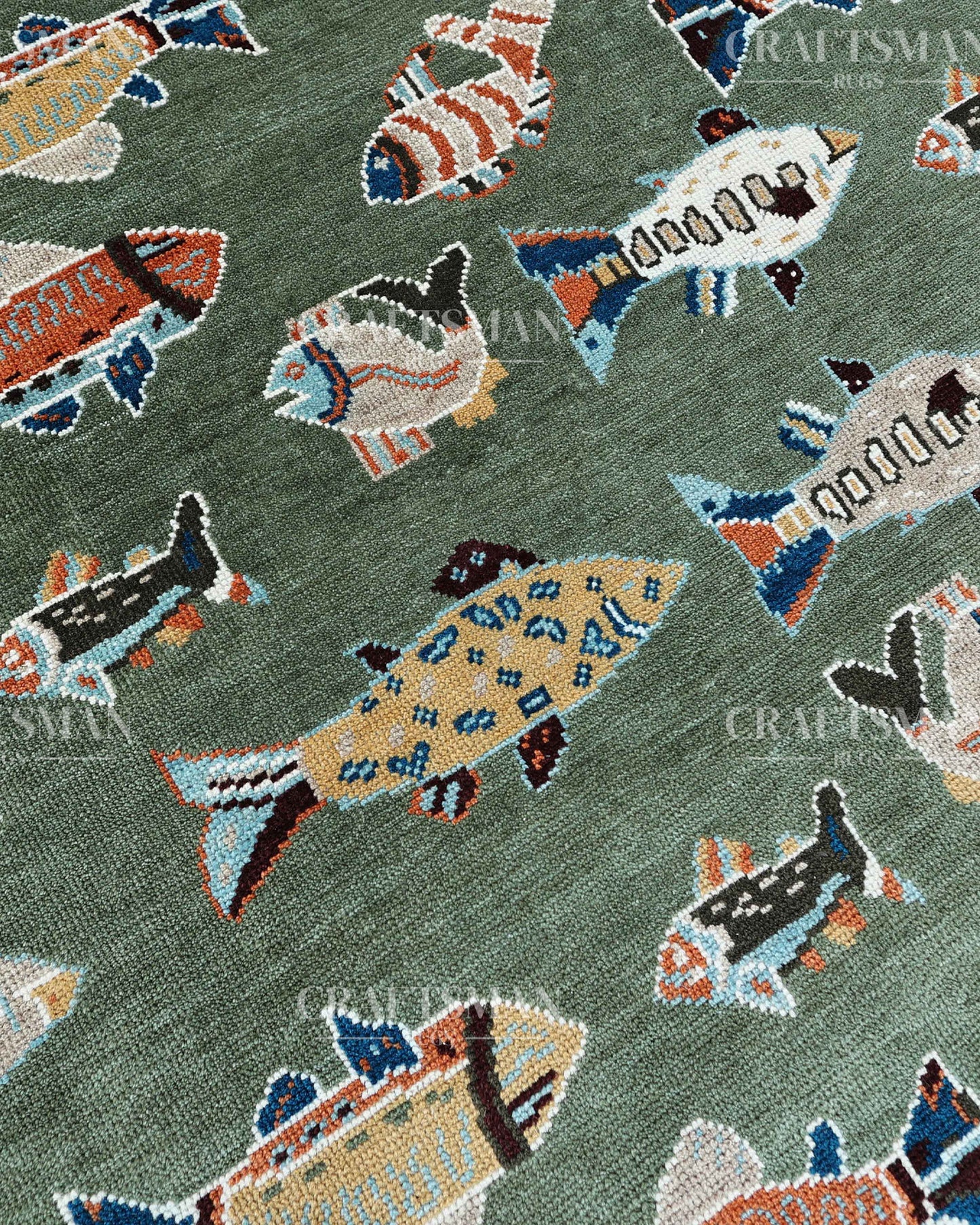Marina Hand-Knotted Wool Rug – Sage Green Multicolor Fish Pattern Design | Handmade Luxury Kids & Coastal Area Rug | Custom Size