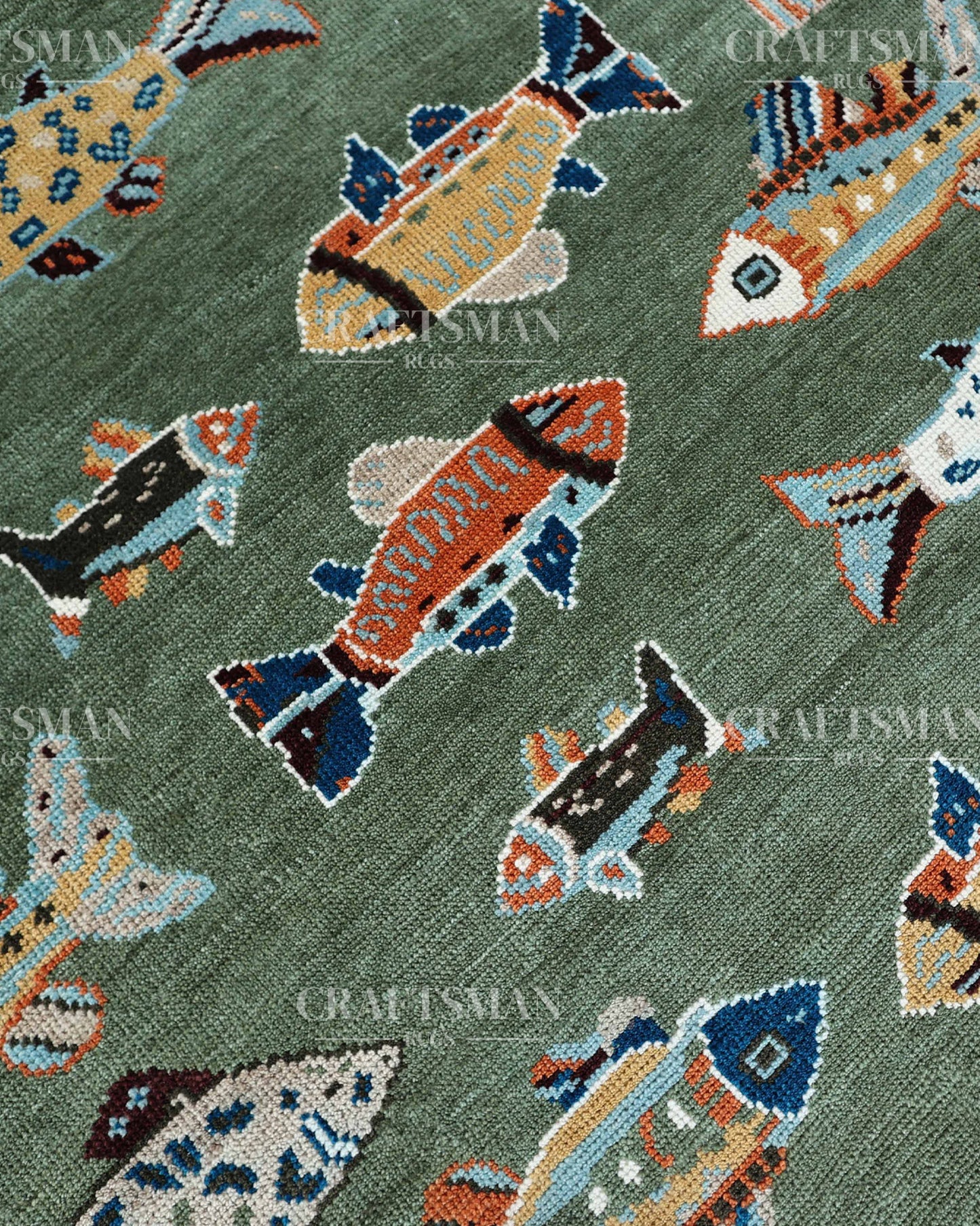 Marina Hand-Knotted Wool Rug – Sage Green Multicolor Fish Pattern Design | Handmade Luxury Kids & Coastal Area Rug | Custom Size