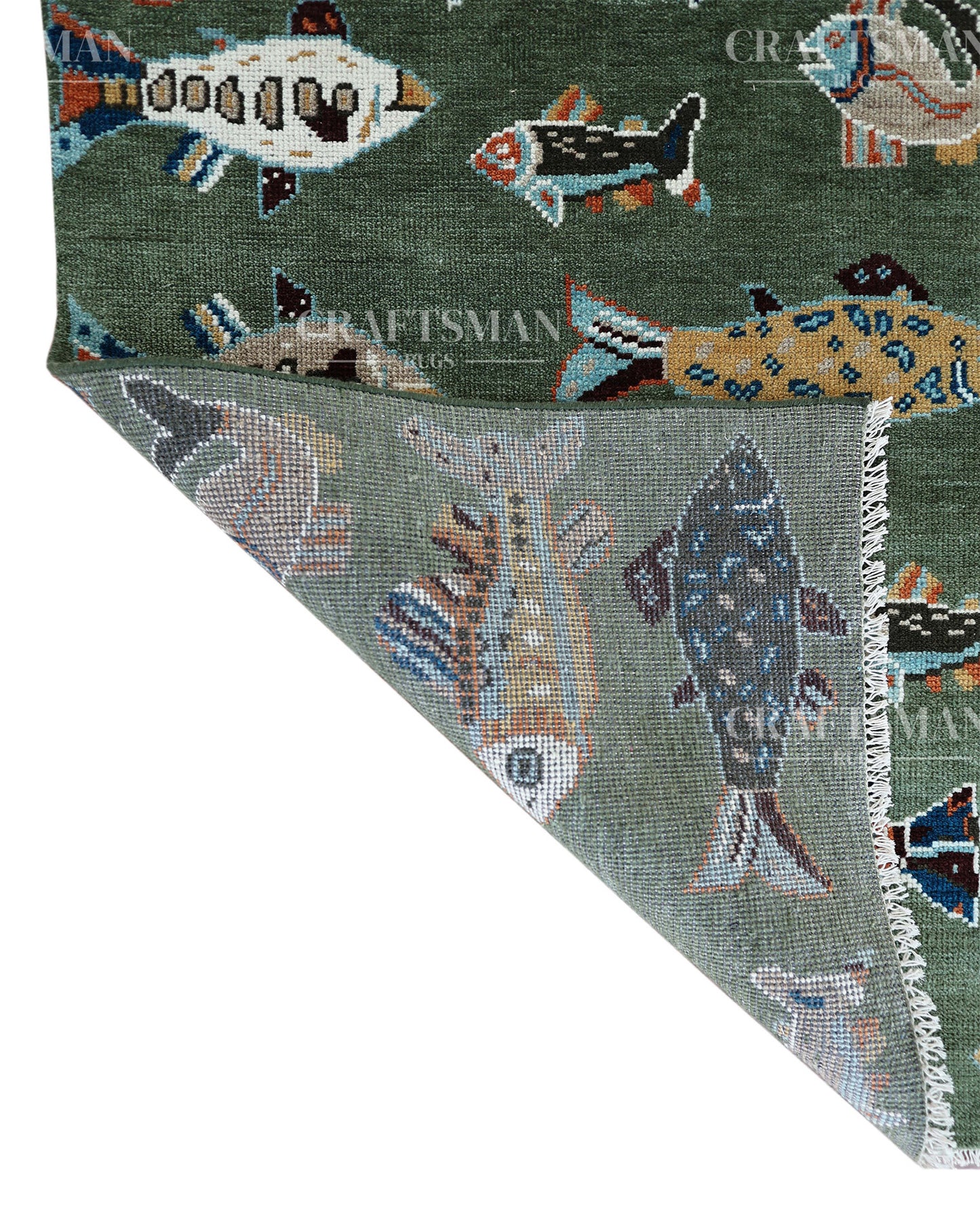Marina Hand-Knotted Wool Rug – Sage Green Multicolor Fish Pattern Design | Handmade Luxury Kids & Coastal Area Rug | Custom Size