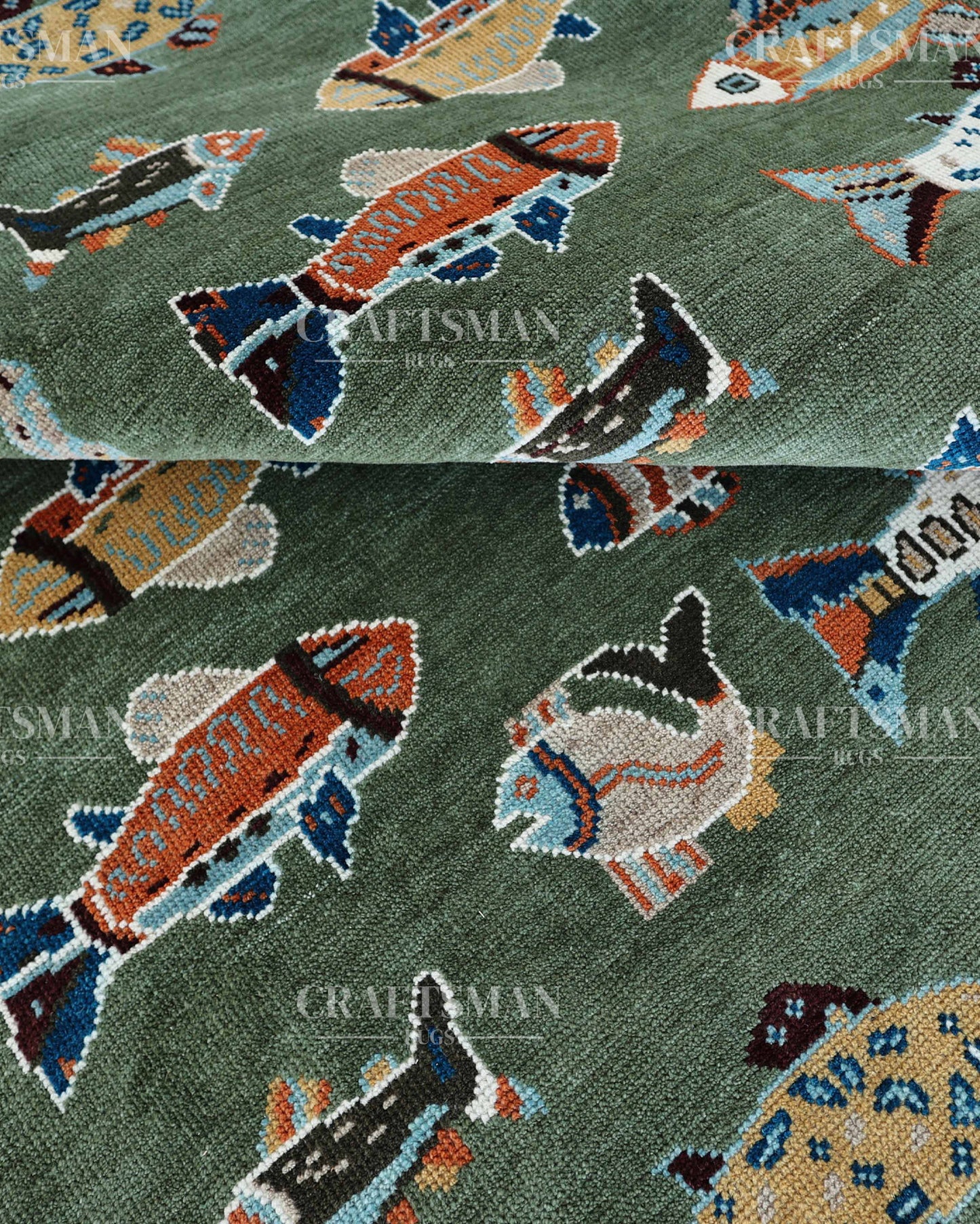 Marina Hand-Knotted Wool Rug – Sage Green Multicolor Fish Pattern Design | Handmade Luxury Kids & Coastal Area Rug | Custom Size