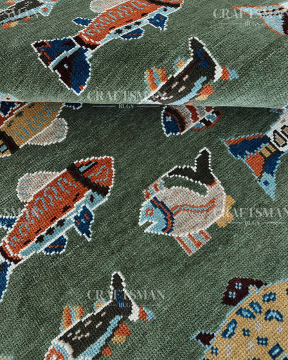 Marina Hand-Knotted Wool Rug – Sage Green Multicolor Fish Pattern Design | Handmade Luxury Kids & Coastal Area Rug | Custom Size
