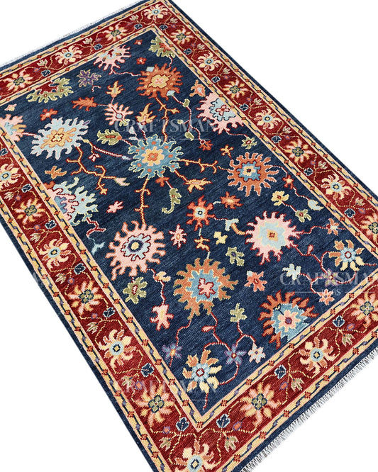Royal Garden Oushak Hand-Knotted Wool Rug – Vintage Navy Blue & Rust Floral Design | Handmade Luxury Area Rug | Custom Size