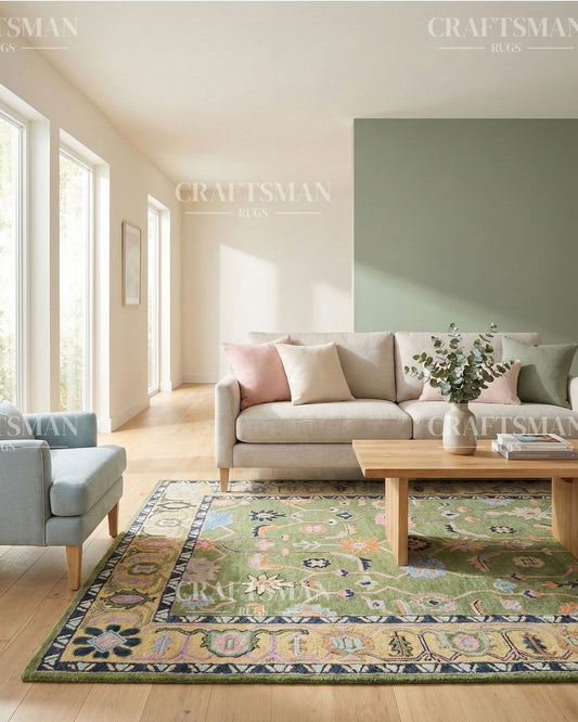 Hand Tufted Wool Rug – Oushak Inspired Green Floral Design – Custom Made Cut Pile Area Rug