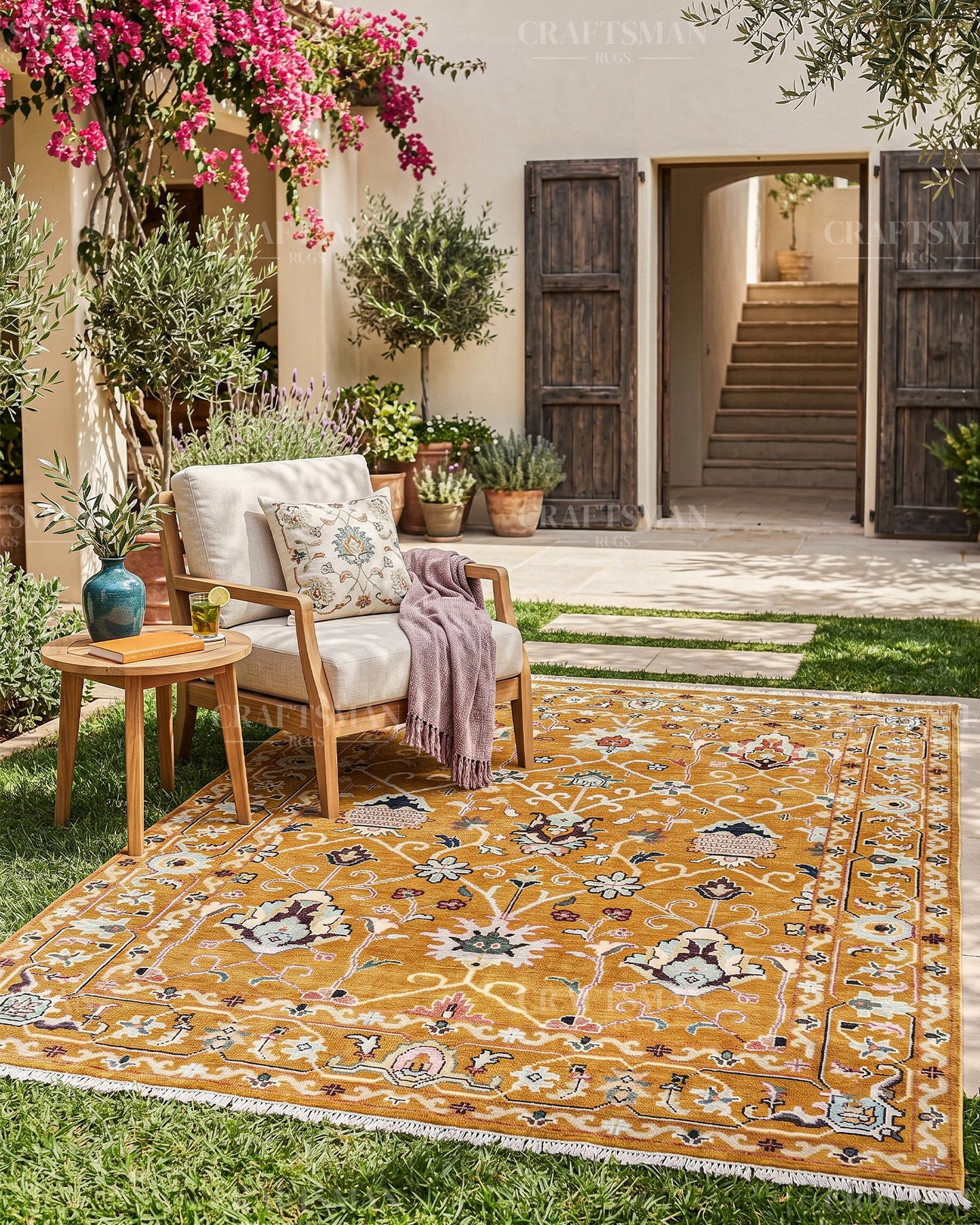 Mustard Gold Hand Knotted Wool Rug | Traditional Floral Oriental Area Rug | Luxury Handmade Persian Style Carpet