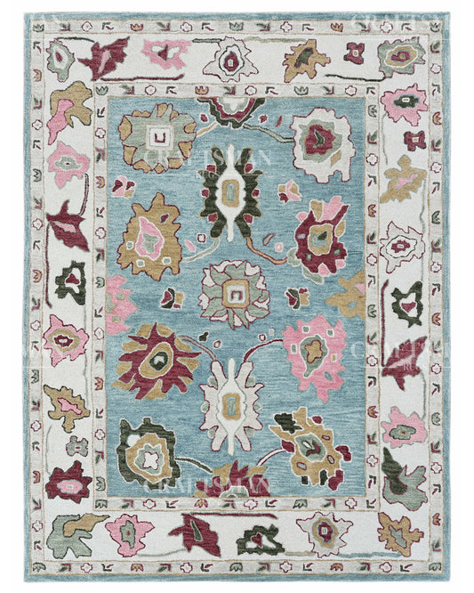Hand Tufted Wool Rug – Oushak Inspired Sky Blue Floral Design – Made to Order Custom Area Rug