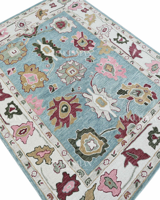 Hand Tufted Wool Rug – Oushak Inspired Sky Blue Floral Design – Made to Order Custom Area Rug
