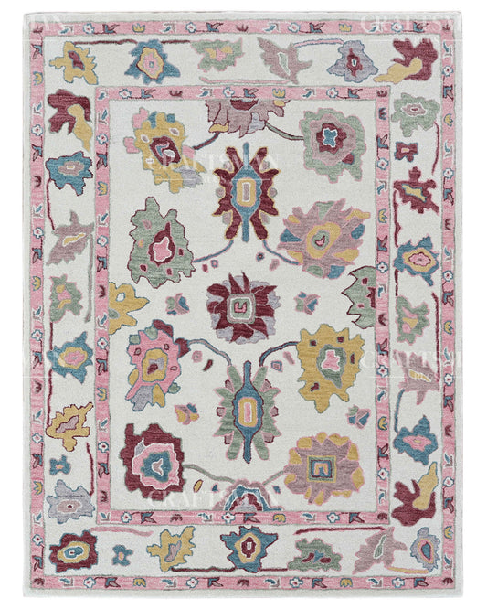 Hand Tufted Wool Rug – Pastel Oushak Inspired Floral Design – Made to Order Custom Area Rug