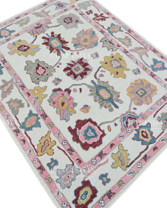 Hand Tufted Wool Rug – Pastel Oushak Inspired Floral Design – Made to Order Custom Area Rug