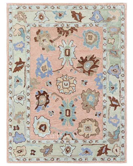 Oushak Inspired Hand Tufted Wool Rug – Peach & Pastel Floral Design