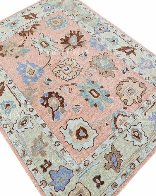 Oushak Inspired Hand Tufted Wool Rug – Peach & Pastel Floral Design