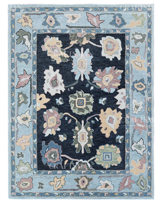 Oushak Inspired Hand Tufted Wool Rug – Navy Blue Floral Design
