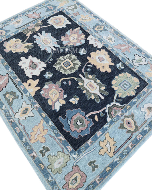 Oushak Inspired Hand Tufted Wool Rug – Navy Blue Floral Design