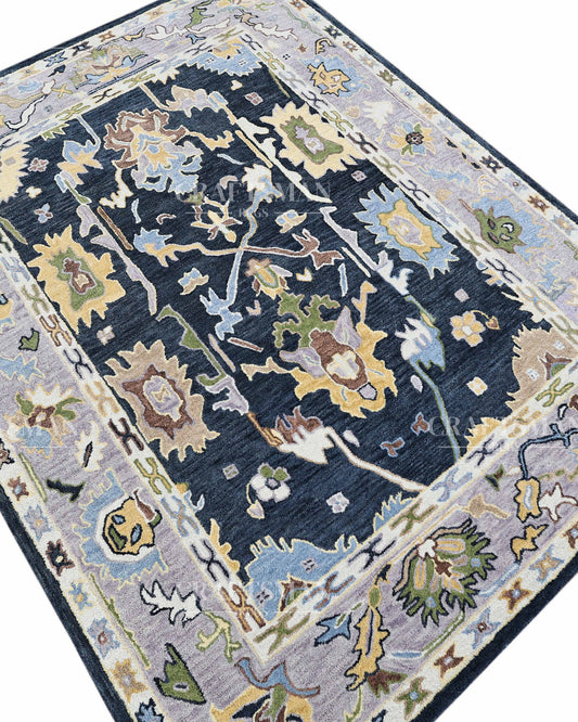 Royal Oushak Inspired Hand Tufted Wool Rug – Navy & Lavender Floral Design