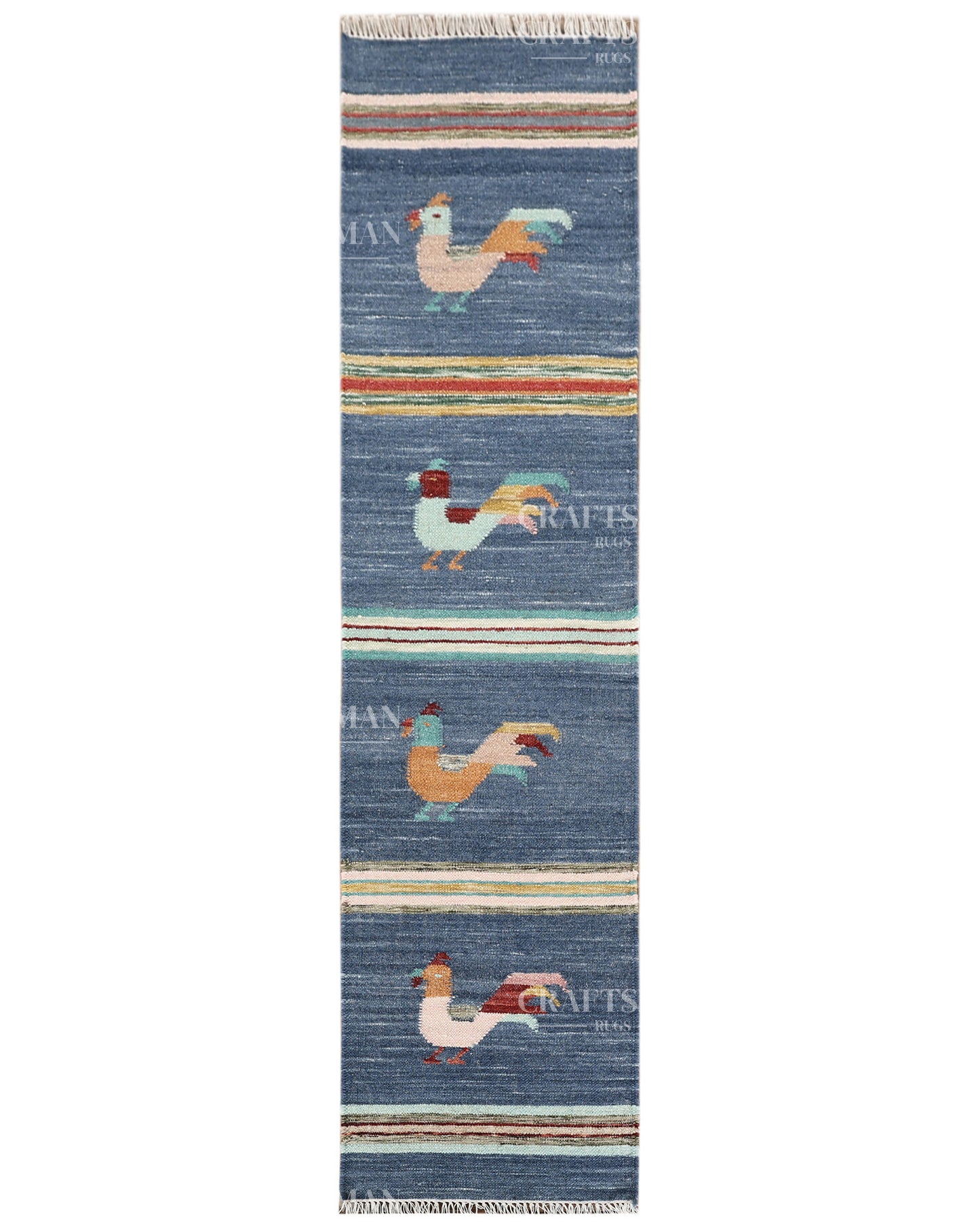 Handwoven Blue Wool Flatweave Dhurrie Runner Rug | Handmade Kilim Hallway Runner with Colorful Rooster Folk Art Motif | Farmhouse Rustic Boho Entryway Kitchen Carpet