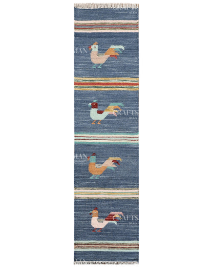 Handwoven Blue Wool Flatweave Dhurrie Runner Rug | Handmade Kilim Hallway Runner with Colorful Rooster Folk Art Motif | Farmhouse Rustic Boho Entryway Kitchen Carpet