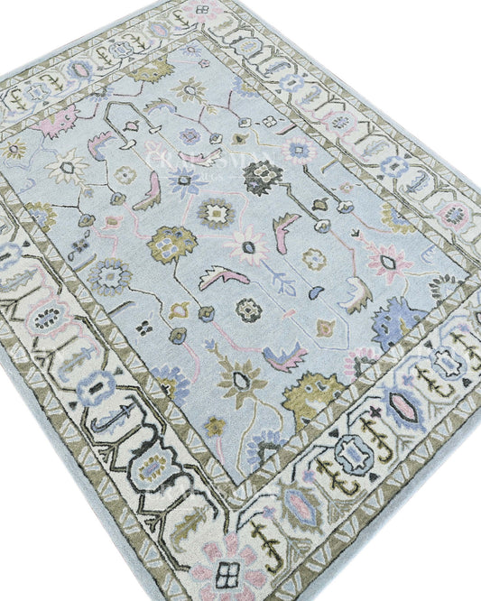 Oushak Inspired Hand Tufted Wool Rug – Sky Blue Pastel Floral Design