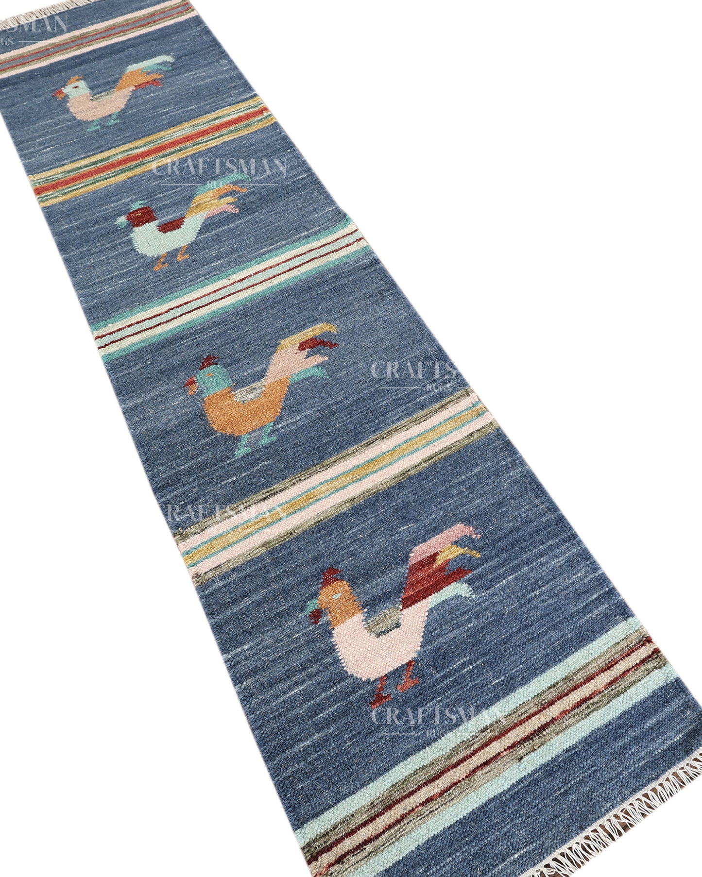 Handwoven Blue Wool Flatweave Dhurrie Runner Rug | Handmade Kilim Hallway Runner with Colorful Rooster Folk Art Motif | Farmhouse Rustic Boho Entryway Kitchen Carpet